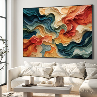 Très grand art mural imprimé sur tissu - Vagues abstraites bleu sarcelle, décor de salon contemporain - «Assemblage requis du cadre (cadre non fini)»