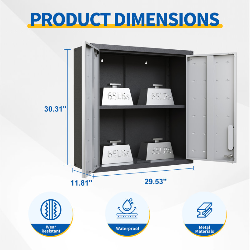 29.5” W Metal Garage Storage Cabinet - Adjustable Shelf., Black/Gray