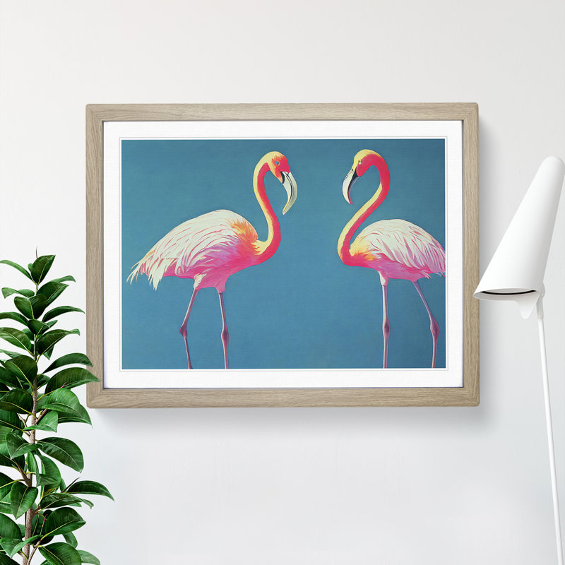 Euphoric Flamingos - Framed Print, 34cm H x 46cm W x 2cm D, Oak