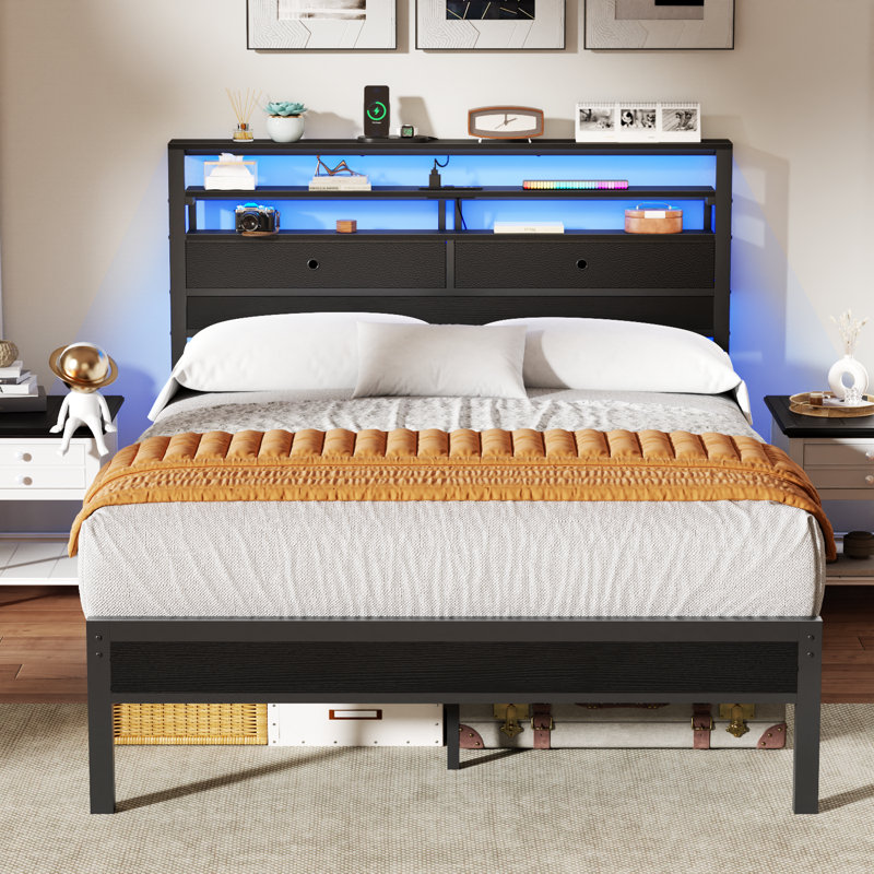 Full Bed Frame With LED Lights, Platform Bed With Headboard, Charging Station, Black, Full