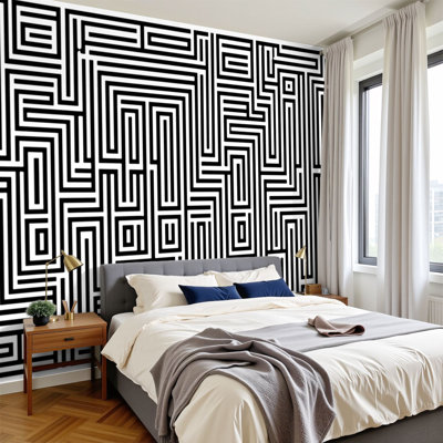 Peel and Stick Wallpaper Black White Geometric Rectangular Modern Abstract Lines Wall Murals 100"H x 144"W Removable PVC Wall Paper Self-Adhesive Wall Decor for Bedroom Living Room Home Office