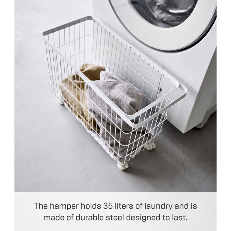 White Rolling Wire Laundry Basket with Wheels