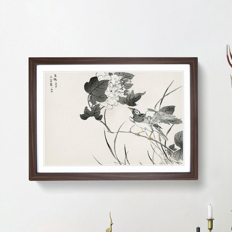 Grey Starling with White Lotus Flowers by Numata Kashu - Picture Frame Painting Print, 36cm H x 48cm W x 2cm D, Walnut Framed