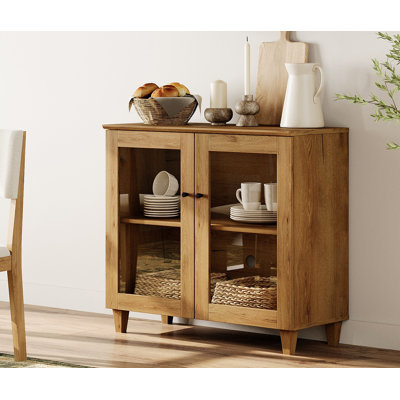 Petit buffet Lysiane de 35 po avec portes en verre, armoire de rangement en bois moderne avec tablette réglable pour le salon et la salle à manger