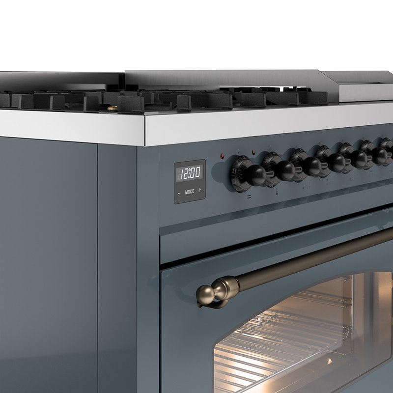 ILVE Nostalgie II Series 48 inch Dual Fuel Range with 8 Sealed Burners, Griddle (Glass Door), Blue/Gray/Bronze