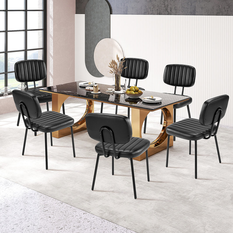Chaise d'appoint rembourrée moderne en cuir de polyuréthane (ensemble de 6), Noir, noir, noir, noir