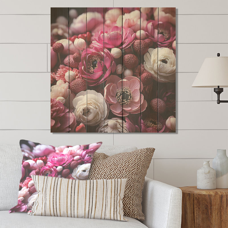 Ranunculus mauve, blanc, couches de beauté - renoncule sur bois, H 36 po x l 36 po