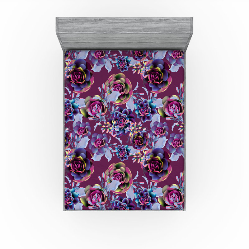 Drap-housse Ambesonne, Drap-housse très grand californien, Magenta foncé, bleu ciel, bleu / floral