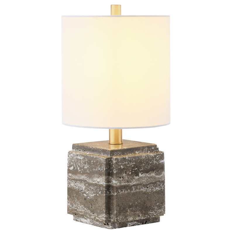 Kovac 16" Tall Stone Table Lamp with Fabric Shade in Grey Veined Travertine, Grey