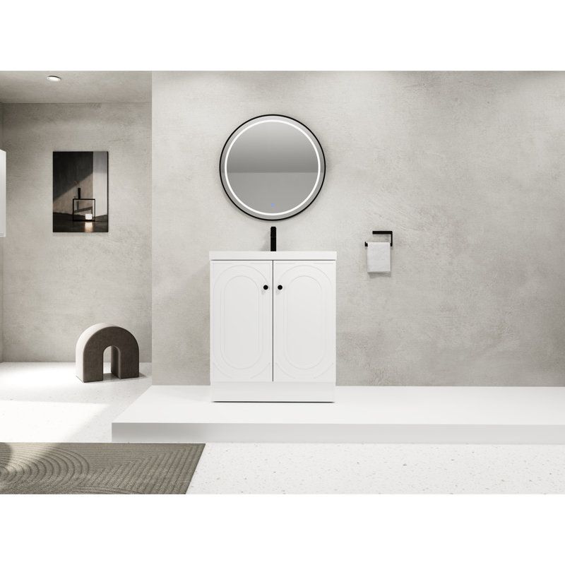 Étagère de salle de bain autoportante avec lavabo en résine et portes réglables à fermeture douce, Blanc, 30"