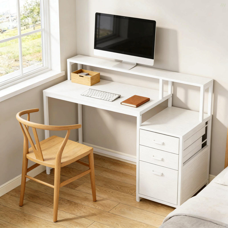Bureau d'écriture robuste, bureau spacieux, bureau d'ordinateur à deux niveaux, Blanc, Blanc