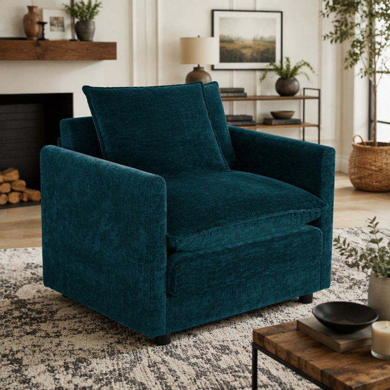 Canapé d'angle modulaire Allure, bleu sans accoudoirs, 1 place avec pouf, chenille pour salon