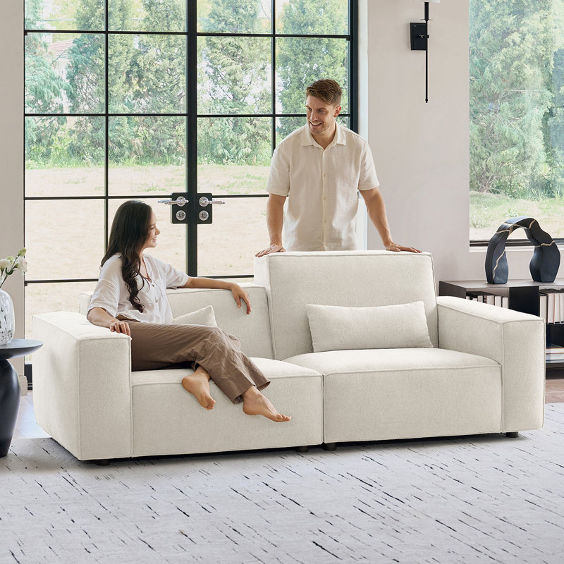 Broome Modern 92"W Height-Adjustable Backrest Upholstered Sofa with Pillows, Beige
