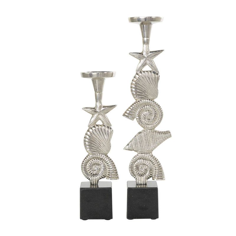 Aluminum Metal Shell Decorative Candle Holder with Black Marble Bases Set, Silver