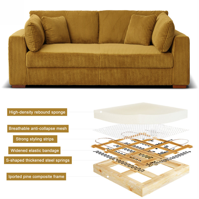 Modern Corduroy Sofa with Deep Seats and Durable Construction, Yellow Corduroy