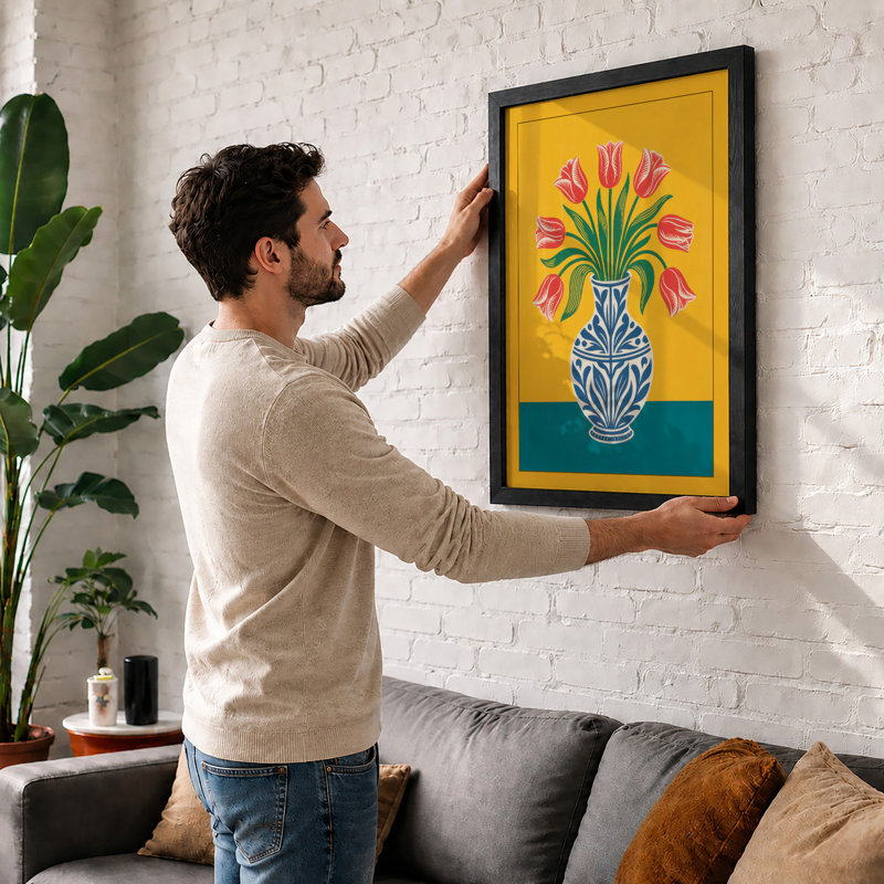 Striped Tulips In Blue Botanical - Print, Oak, A3 - 42.0 x 29.7 cm