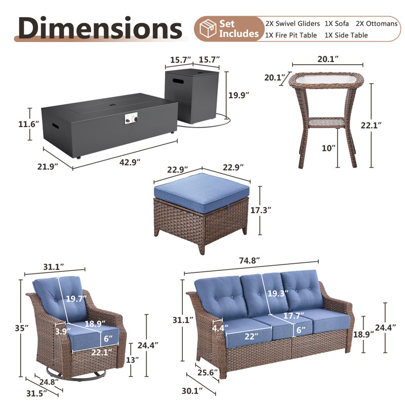 Acton 5-7 Person Outdoor Wicker Patio Family Conversation Set With Swivel Chairs And Metal Fire Pit, Blue