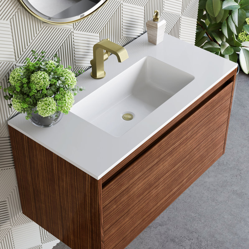 Mantova 35.5'' W Single Vanity, Glossy White, Mid Century Walnut/Champagne Brass