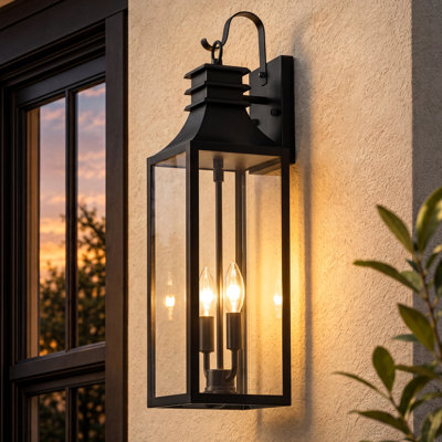 22.75 in. 2-Light Black Farmhouse Outdoor Wall Lantern with Clear Glass for Porch and Garage