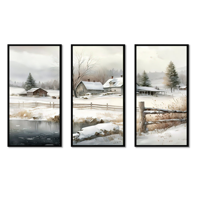 Indiana Farm In Winter - 3 pièces sur toile, Cadre flottant noir, H 32 po x l 48 po