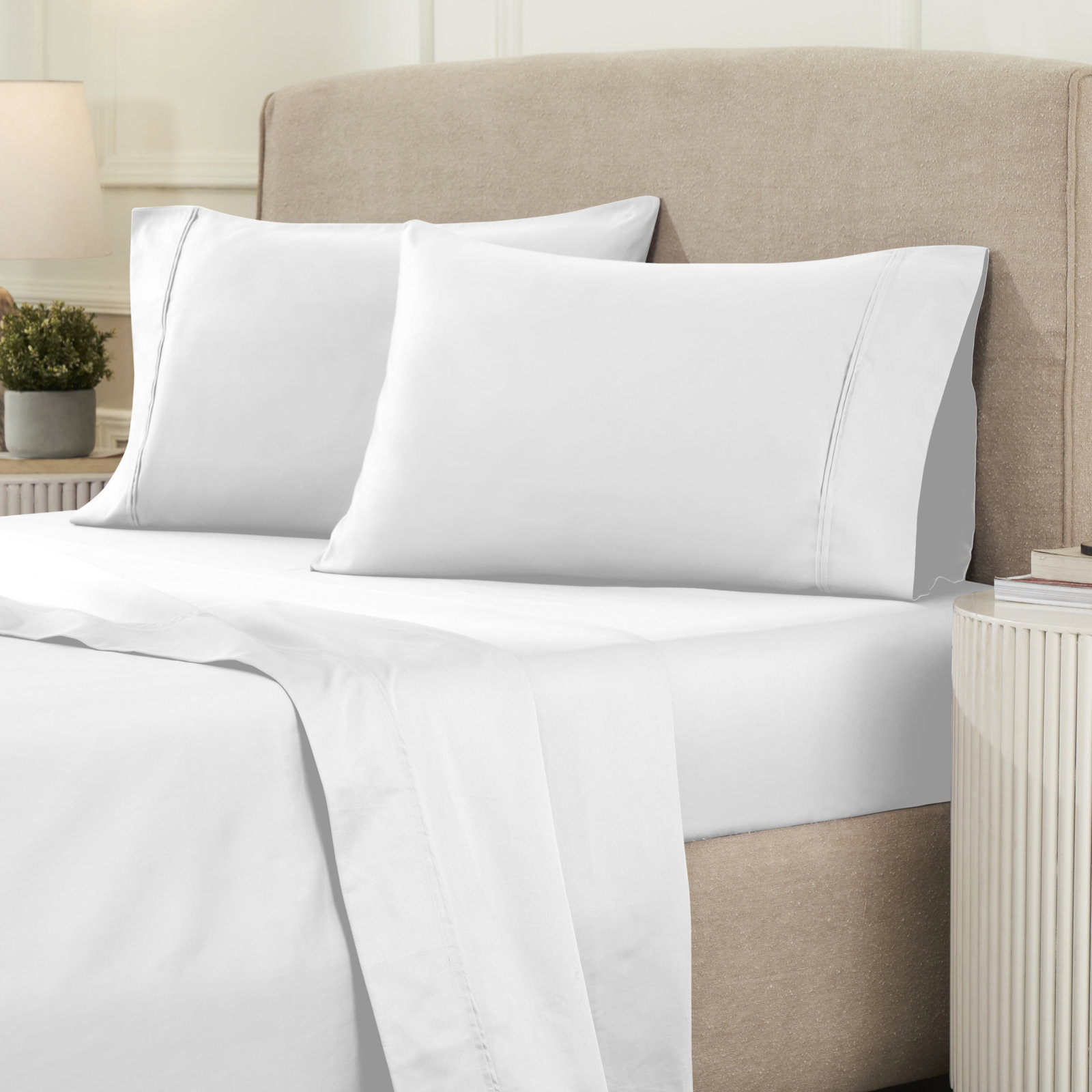 Mellark 1200 Thread Count Egyptian-Quality Cotton Sateen Sheet Set, Cal.King Sheet Set with 2 Pillowcases, White