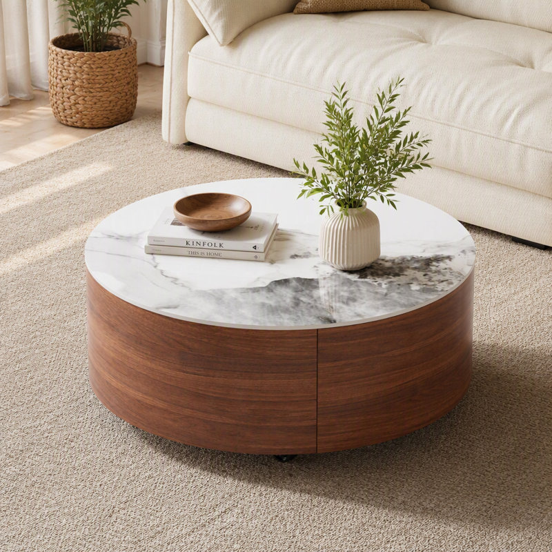 Table basse ronde moderne et mobile avec roulettes, 2 tiroirs et plateau en pierre frittée, Walnut