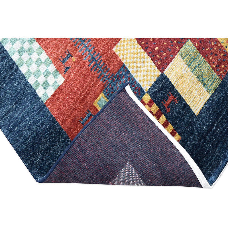 Tapis orange / rouge / bleu noué à la main de haute qualité, Rectangle 5 pi x 8 pi