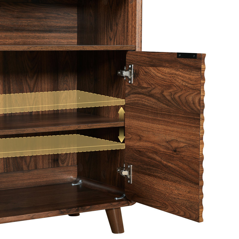 31.5" Curved-Edge 2-Door Buffet With Open Shelves And Grooved Trim Finish For Dinning, Kitchen, Brown