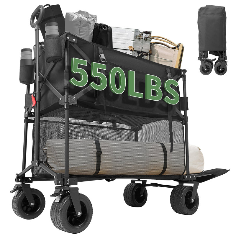 Collapsible Double Decker Wagon, 54In Extended Utility Folding Wagon Cart With Tailgate, 550LBS Large Capacity Heavy Duty Foldable Wagon