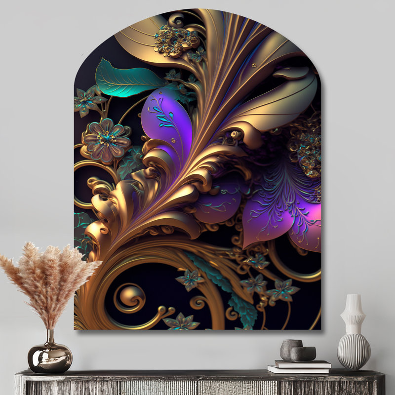 Fleurs abstraites ornées en mauve et or - art mural asymétrique en forme d'arche florale, H 43 po x l 33 po