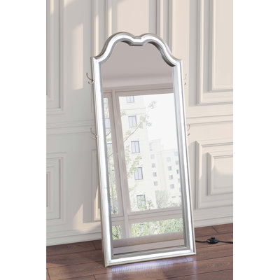 Keyson Arched LED-Lighted Full-Length Floor Mirror with Side Hangers, Silver Oak