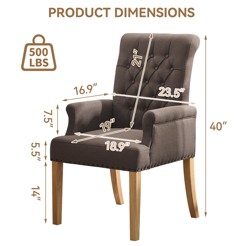 Tufted Upholstered High Back Dining Armchair, Linen, Brown Linen