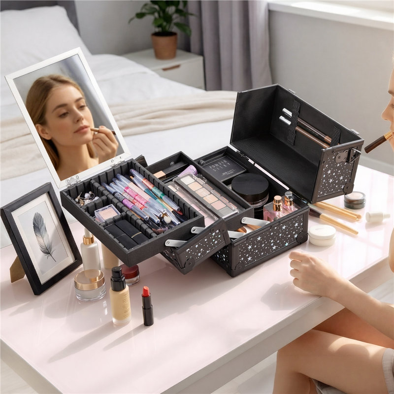 Étui de rangement portatif pour cosmétiques avec miroir, Black