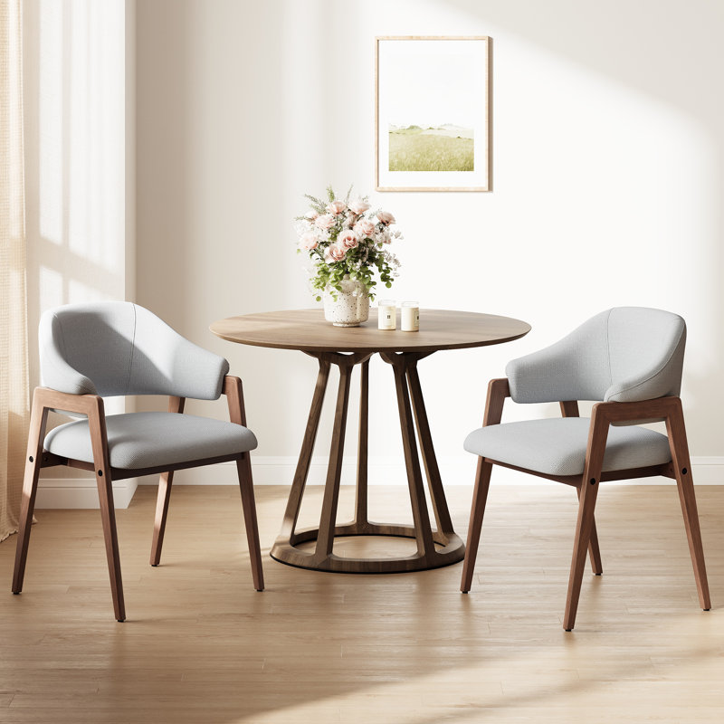 Fauteuil de salle à manger moderne et minimaliste rembourré en lin avec pieds en bois massif, Tissu gris