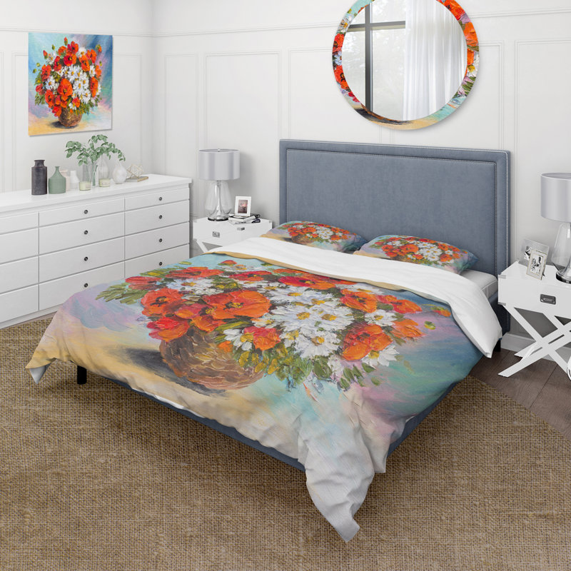 Nature morte Bouquet de coquelicots et de marguerites - Ensemble de housse de couette traditionnel - Microfibre de polyester
