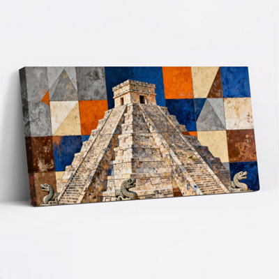Pyramide maya et motif géométrique sur toile, ensemble de 1 reproduction d'art sur toile
