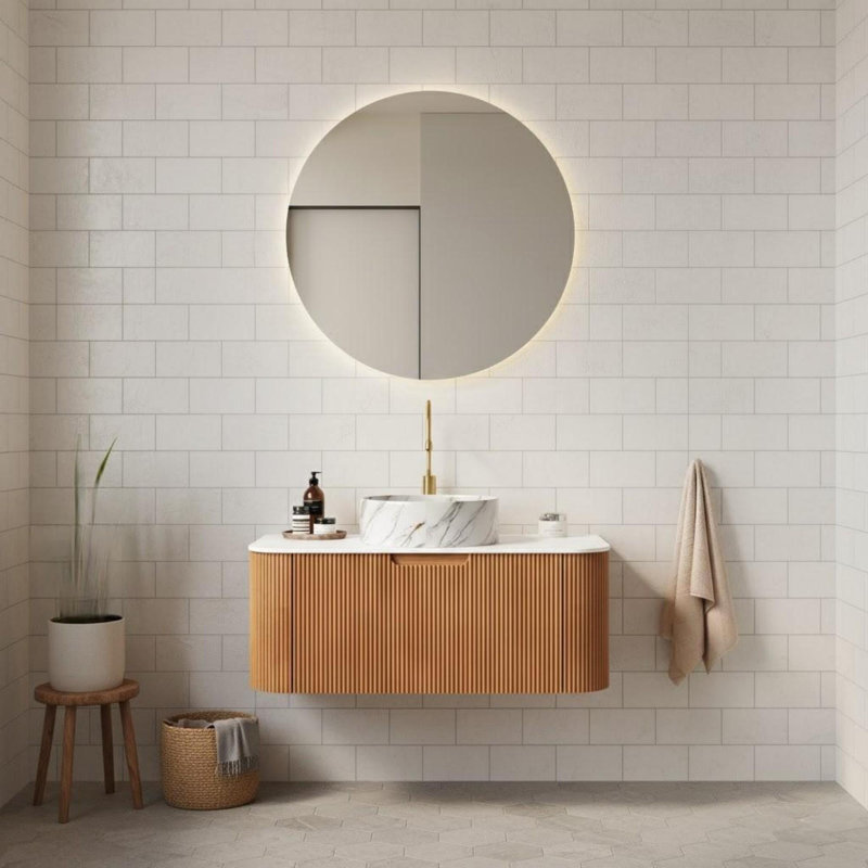 Armoire de rangement murale de 36 pouces à bord arrondi et rayée avec lavabo rond en céramique blanche à motif de pierre, 36"