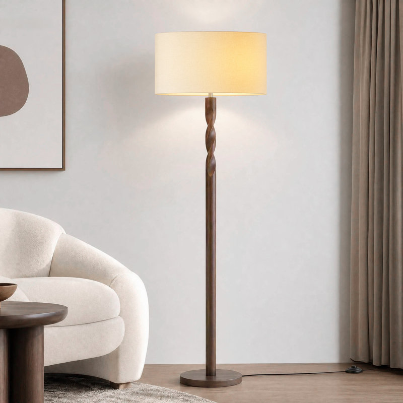 Lampe sur pied sculptée 64 po en bois massif torsadé 64 po avec abat-jour tambour en lin beige 18 po, finition noyer et interrupteur au pied