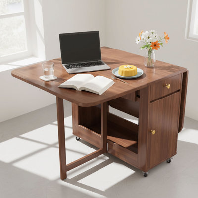 Ensemble de table de salle à manger pliante en bois massif pour table de cuisine extensible à abattants avec rangement 4-6 et 51,18 po, entièrement requis (noyer, seulement la table, sans les chaises)