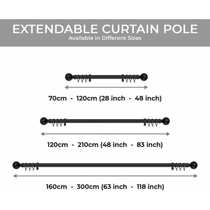 Aspire Homeware Adjustable Plain Metal Ball Curtain Rod With Hardware Accessories, 160cm – 300cm, Matte Black