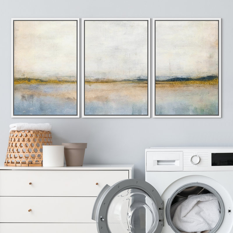 Blue Abstract Landscape Organic Modern Chic Decor Wall Art Framed On Canvas 3 Pieces Painting Print, 24" H x 48" W x 1.5" D