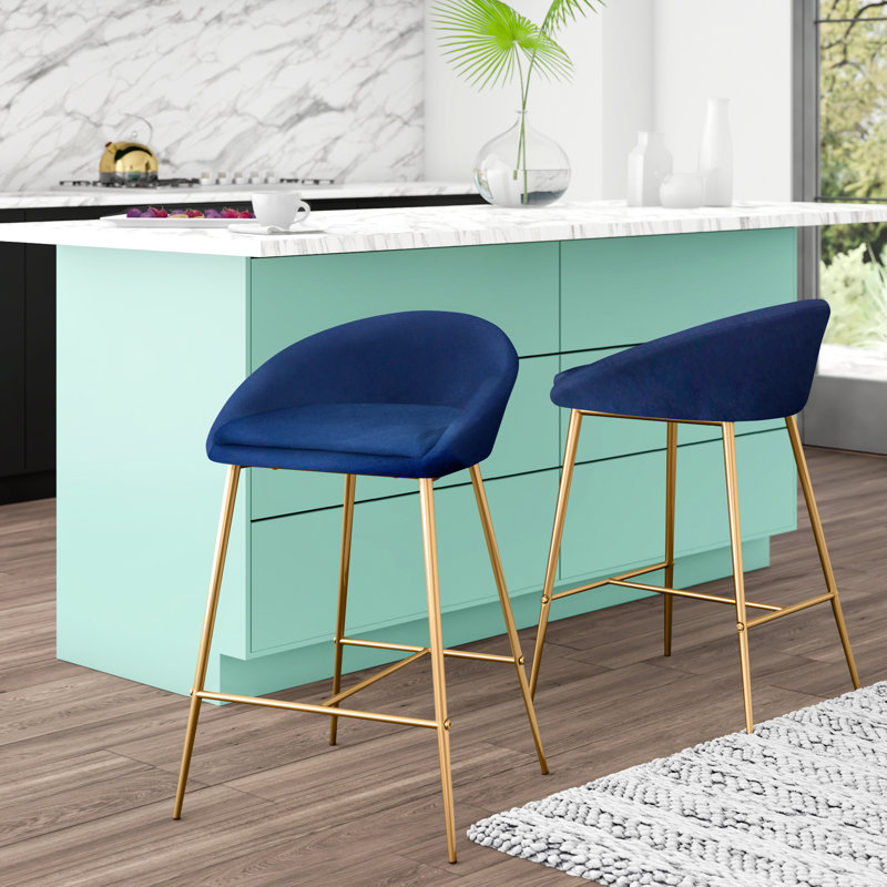 Tabouret de comptoir de 25,75 po Brielle, Velours bleu / cadre doré