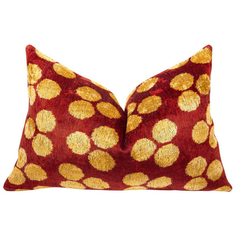 Handmade Velvet Pillow With Down Feather Insert – Ruby Red & Gold Polka Dots, 16X24"