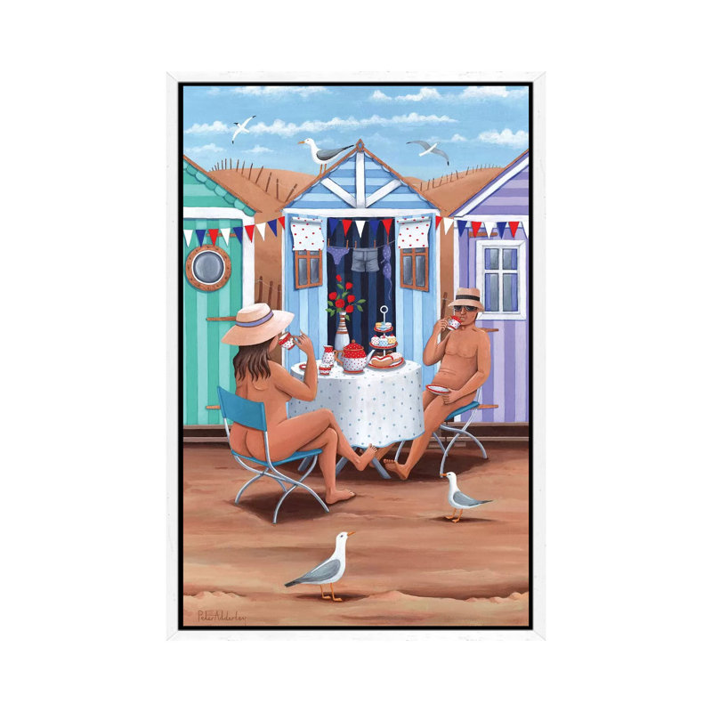 Beach Huts Afternoon Teas by Peter Adderley - Print on Canvas, White Framed, 101.6 cm H x 66.04 cm W