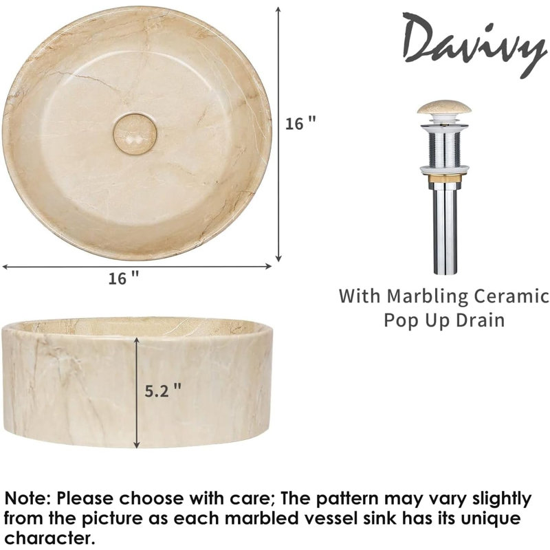 Davivy 16'' Beige Ceramic Circular Vessel Bathroom Sink with Pop Up Drain