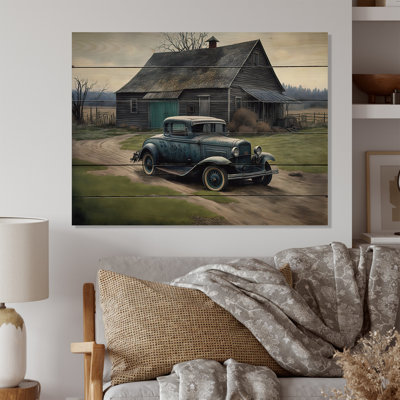 «30S Ford Car In Barn VII» - Art mural en bois maison de campagne / campagne - Bois de pin naturel