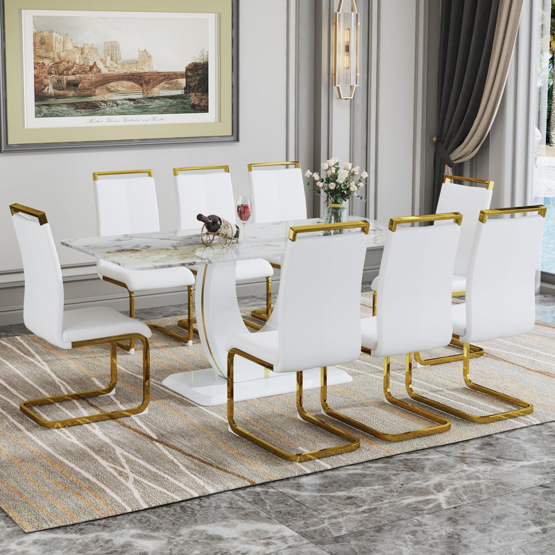 Ensemble de table de salle à manger 71 ", ensemble de table de salle à manger moderne avec base en U doré et chaises en similicuir