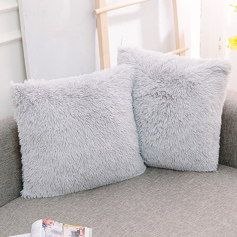 Light Gray Plush Faux Fur Euro Pillow Covers, Set of 2