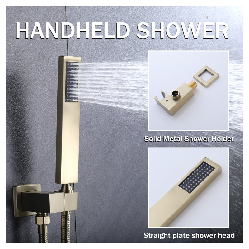 Système de douche de pluie 10 pouces avec inverseur 3 fonctions, robinet de douche en acier inoxydable doré brossé avec douchette et bec de baignoire