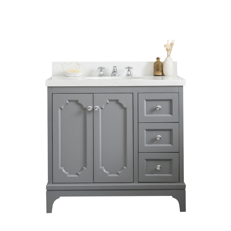 Ensemble de meuble-lavabo simple 36 po Bernardo, Gris cachemire, Quartz de Carrare